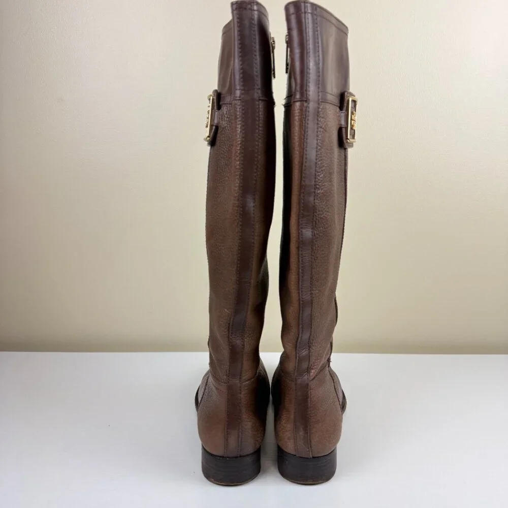 Tory Burch Julian Brown Pebbled Leather Tall Riding Boots - Picture 4 of 15